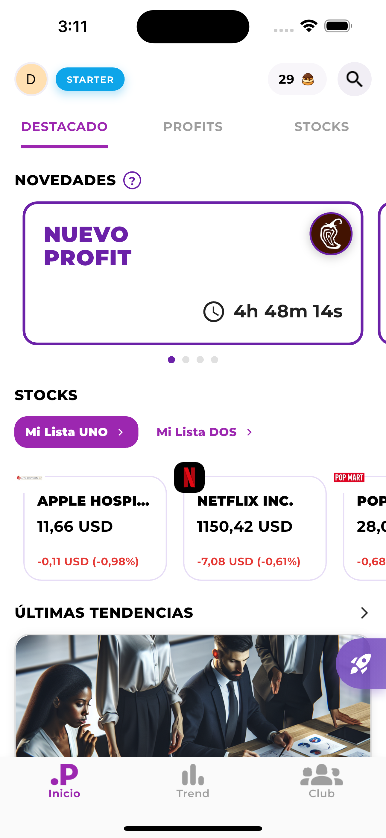 Profiting App - Pantalla principal