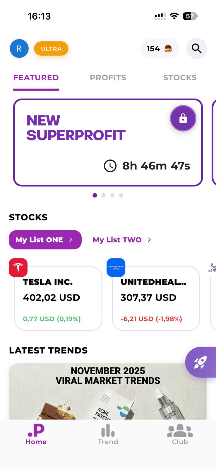 Profiting App - Pantalla principal