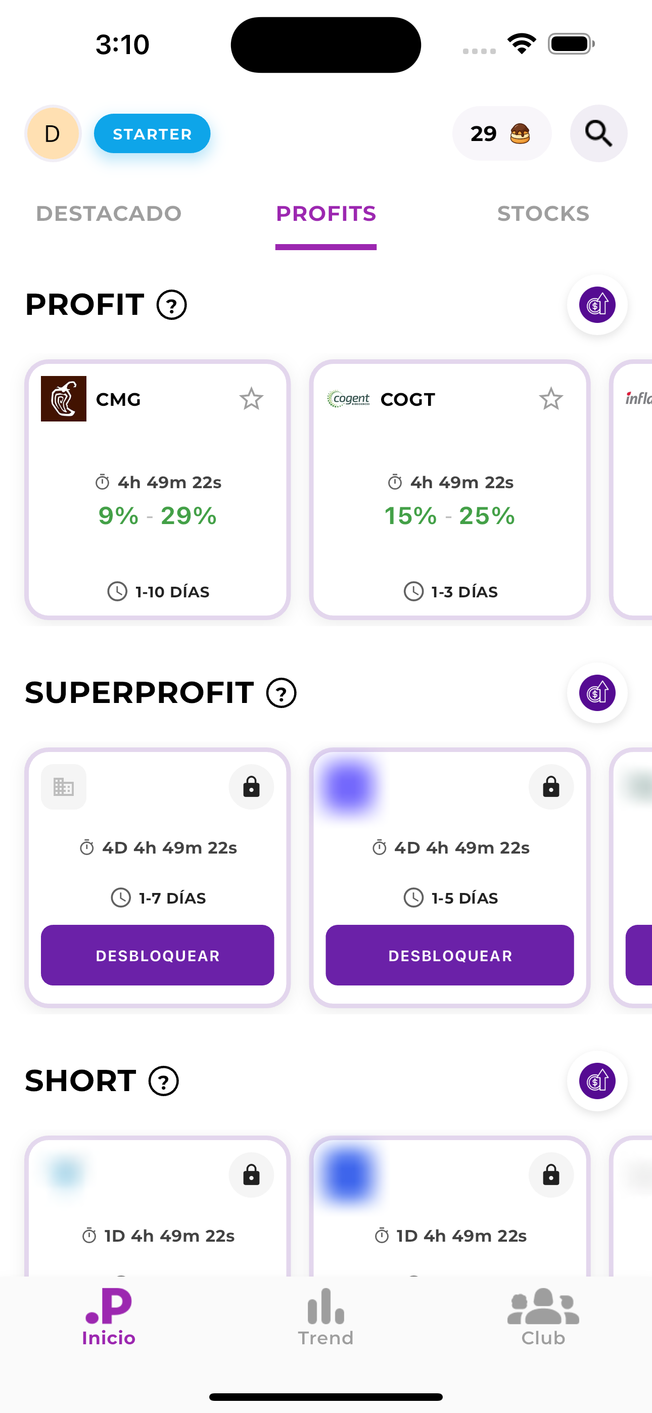 Profiting App - Pantalla de profits